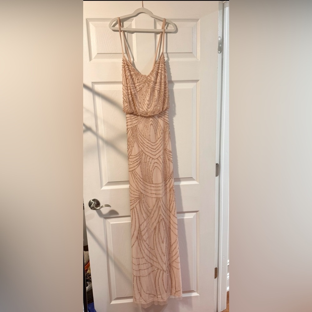 NWT Adrianna Papell Beaded Blush Blouson Long Dress Crisscross Back Gown size 12